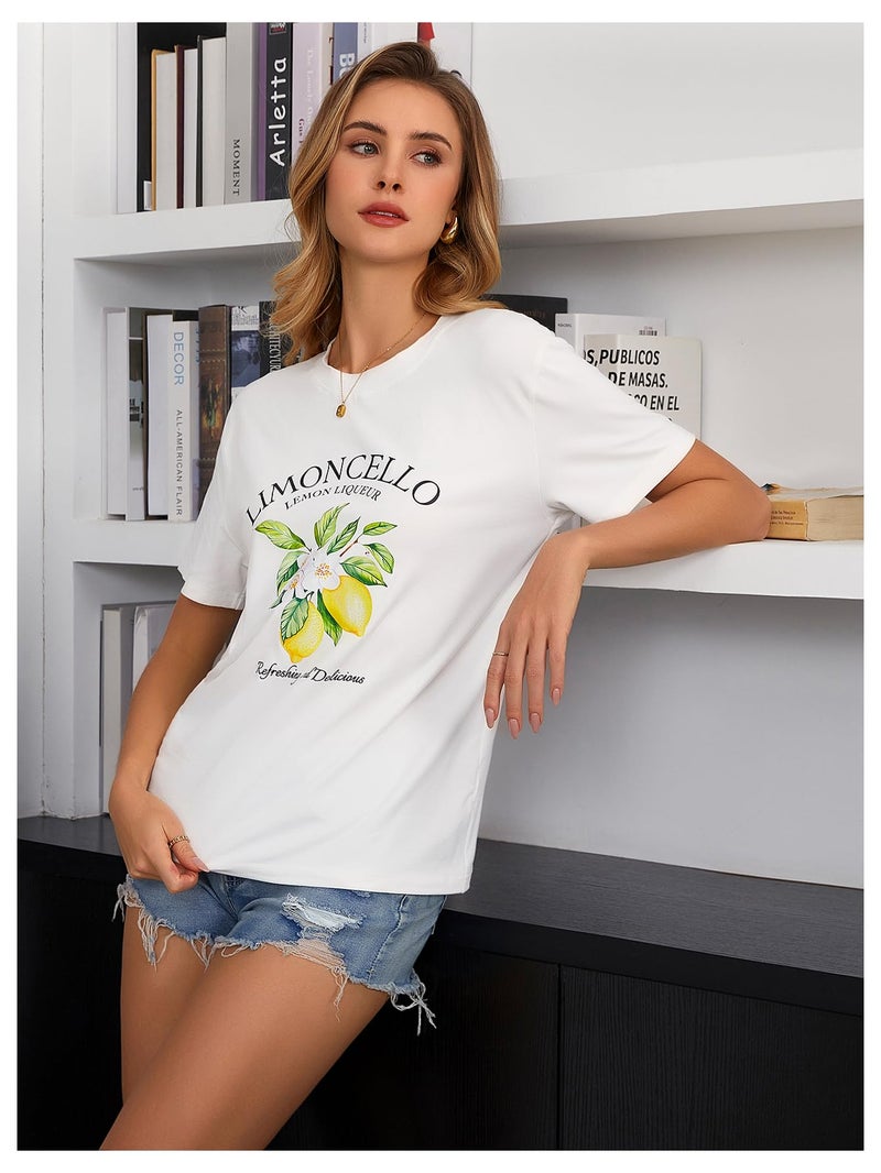 SweatyRocks Women's Lemon Shirts Letter Fruit Printed Graphic Tees Short Sleeve Casual T-Shirt White Medium - Image 3