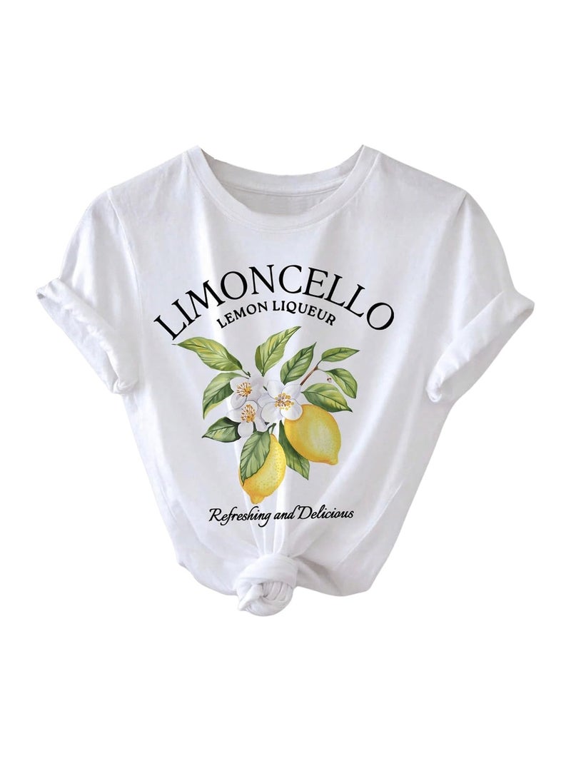 SweatyRocks Women's Lemon Shirts Letter Fruit Printed Graphic Tees Short Sleeve Casual T-Shirt White Medium - Image 1
