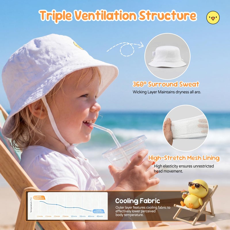 RIVBOS Baby Sun Hat UPF 50+ Cute Animal Pattern Summer Beach Kids Toddler Bucket Hat for Boys Girls 0-7 Years White S - Image 4