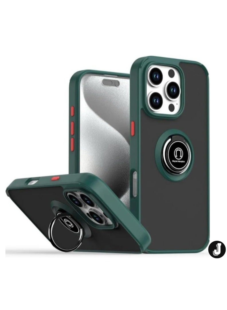 JAJEEK iPhone 16 Case Cover – Green Matte Shockproof Bumper with Metal Ring Holder Kickstand & Car Magnetic Mount - Image 1