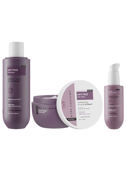 Anti Frizz Shampoo Hair Mask and Ultra Smoothing Hair Serum Kit Frizz Control Up to 24 Hours with Hyaluronic Acid and Fatty Acids Paraben and Sulphate Free for Women and Men 250ml 250g 50ml