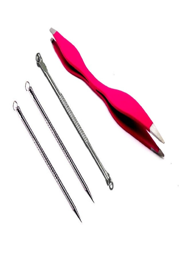Out Of Box Stainless Steel Slant-Pointed Tip Tweezer Plucker Hair Removal Tool (2in1) with Blackhead Remover Needle (Pack of 3) - Image 1