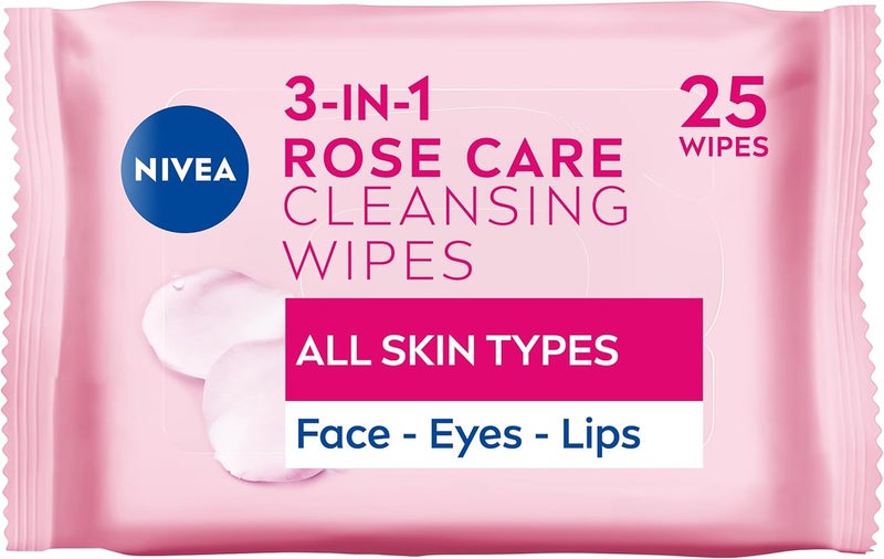 NIVEA 3in1 Rose Care Cleansing Wipes 2x25 Wipes PlantBased Makeup Remover Wipes Face Wipes with Organic Rose Water Gentle yet Effective Makeup Removal