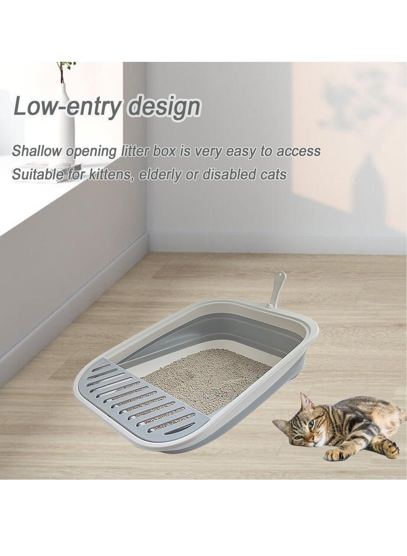 Collapsible Kitten Litter Box, 17.7 x 13.4 x 5 inch Open Cat Potty Pan with Scoop Foldable Shallow Cat Toilet Anti-Splashing Low Entrance Travel Litter Box with Falling Sand Pedal Grey - Image 3