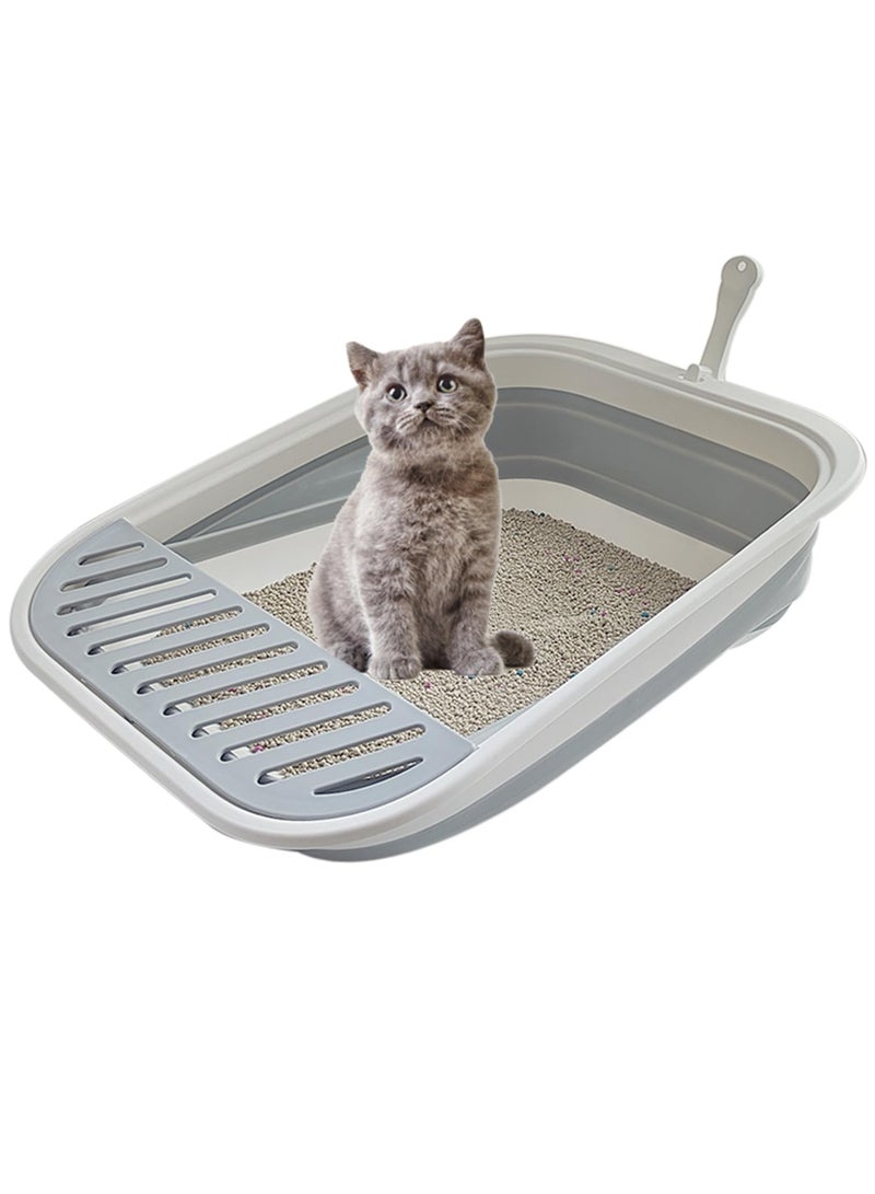 Collapsible Kitten Litter Box, 17.7 x 13.4 x 5 inch Open Cat Potty Pan with Scoop Foldable Shallow Cat Toilet Anti-Splashing Low Entrance Travel Litter Box with Falling Sand Pedal Grey - Image 1