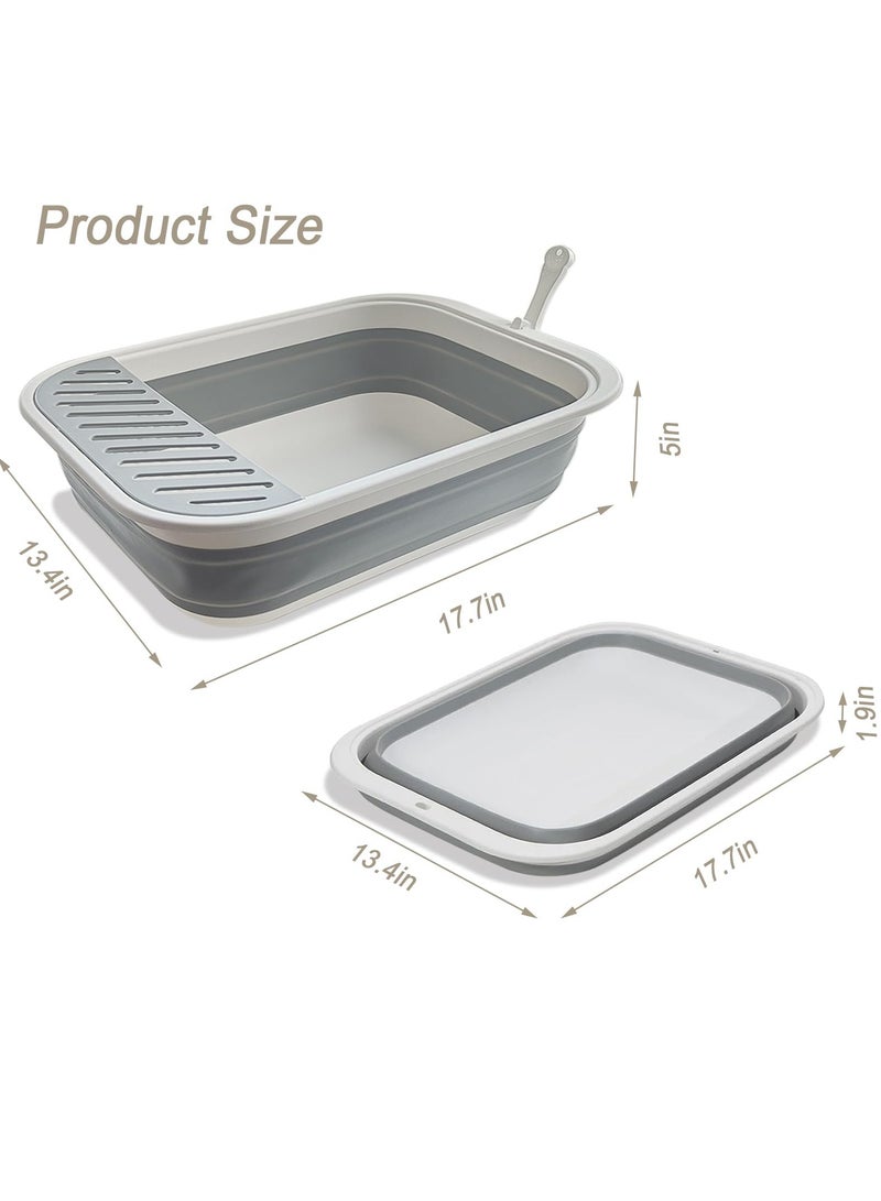 Collapsible Kitten Litter Box, 17.7 x 13.4 x 5 inch Open Cat Potty Pan with Scoop Foldable Shallow Cat Toilet Anti-Splashing Low Entrance Travel Litter Box with Falling Sand Pedal Grey - Image 2