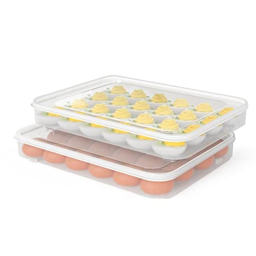 77L Deviled Egg Containers with Lid, (Set of 2), Plastic Egg Holder for Refrigerator for 48 Eggs, Clear Storage Deviled Egg Carrier Tray, Fridge Stackable Countertop Portable Egg Dispenser - Image 1