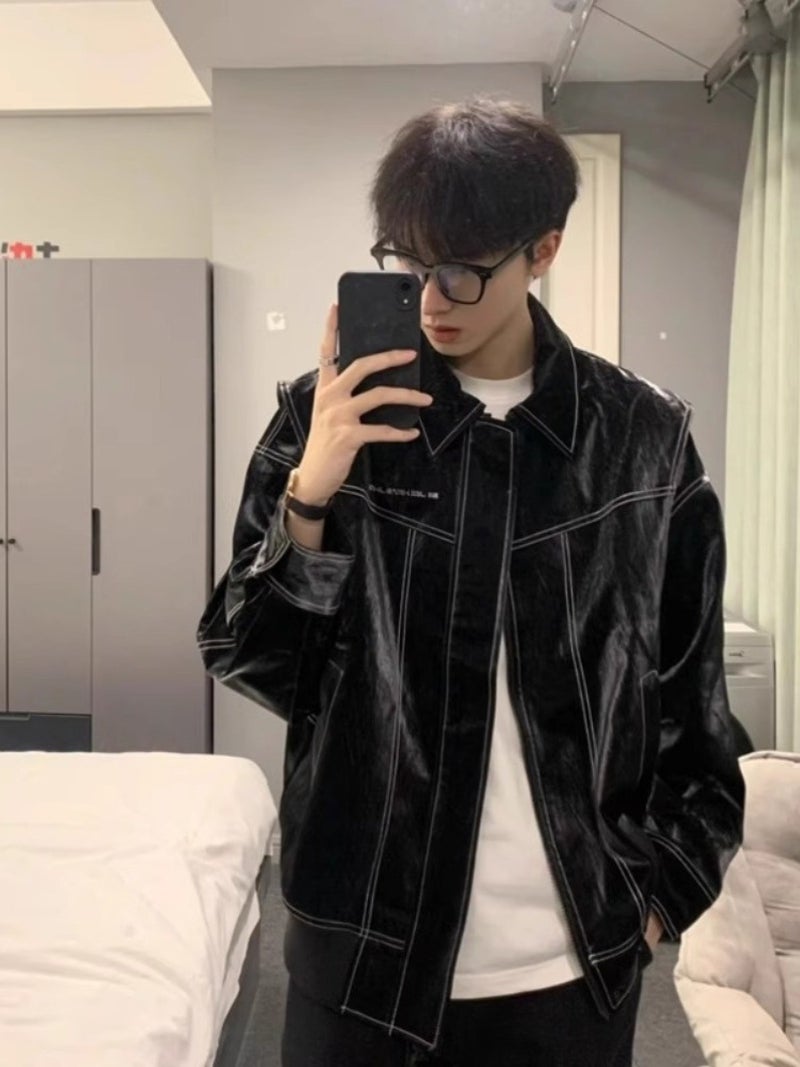 Fake Two-piece Short Leather Jacket Mens Spring and Autumn New American Style Retro Trendy Brand Plumpian Handsome Loose Leather Jacket Black 