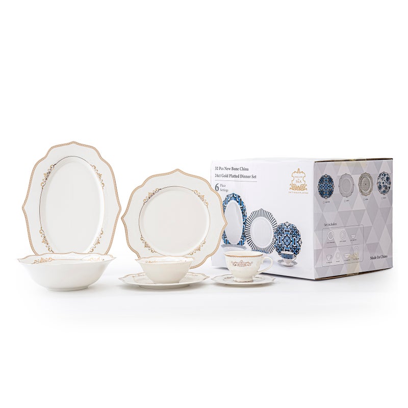 Shallow طقم عشاء شالو من كوزين آرت زينا 32 قطعة من البورسلين الجديد لـ 6 أشخاص - أبيض مع حافة ذهبية، أدوات مائدة أنيقة للاستخدام اليومي، برنش، محطة قهوة، رمضان، عيد ومناسبات احتفالية، أطباق، سلطانيات، أكواب - Image 4