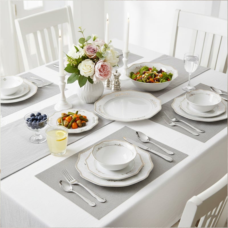 Shallow طقم عشاء شالو من كوزين آرت زينا 32 قطعة من البورسلين الجديد لـ 6 أشخاص - أبيض مع حافة ذهبية، أدوات مائدة أنيقة للاستخدام اليومي، برنش، محطة قهوة، رمضان، عيد ومناسبات احتفالية، أطباق، سلطانيات، أكواب - Image 2