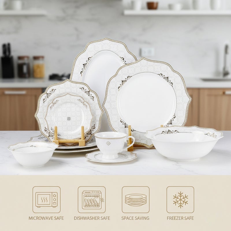 Shallow طقم عشاء شالو من كوزين آرت زينا 32 قطعة من البورسلين الجديد لـ 6 أشخاص - أبيض مع حافة ذهبية، أدوات مائدة أنيقة للاستخدام اليومي، برنش، محطة قهوة، رمضان، عيد ومناسبات احتفالية، أطباق، سلطانيات، أكواب - Image 3
