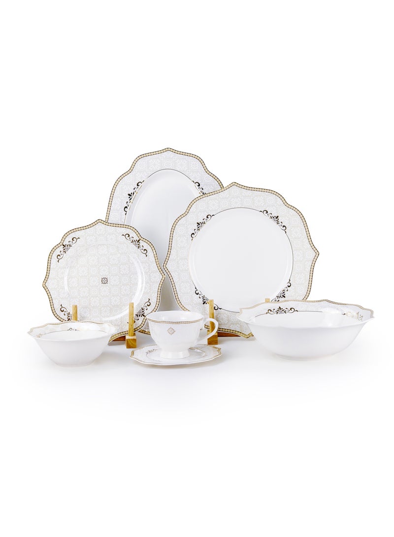 Shallow ZENA 32 Pc New Bone China Dinner Set for 6 Persons  – White with Gold Border, Elegant Tableware for Daily Use, Brunch, Coffee Station, Ramadan, Eid & Festive Dining,Plates,Bowls,cup - Image 1