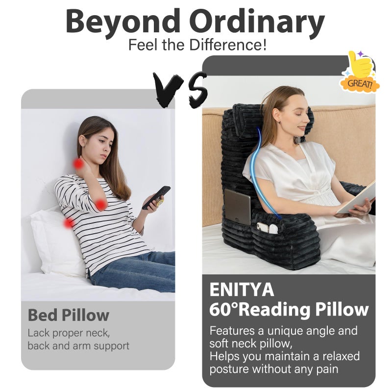 ENITYA 22" XL Reading Pillow with Armrests & Large Pockets, Supportive Back Pillow with Removable Cover, Ideal for Watching TV, Gaming, Resting, Sitting Up in Bedroom, Dorm, Sage Green - Image 4