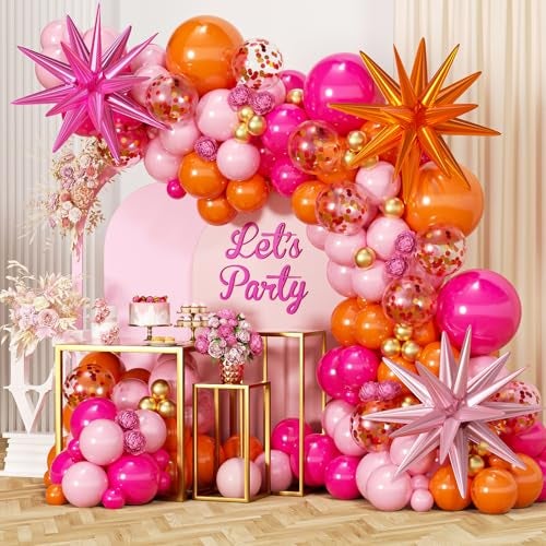 ADOINBY Pink and Orange Balloon Garland Arch Kit 177Pcs Explosion Star Balloons Hot Pink Orange Metallic Gold and Confetti Balloons for Birthday Wedding Baby Shower Tropical Summer Party Decorations - Image 1