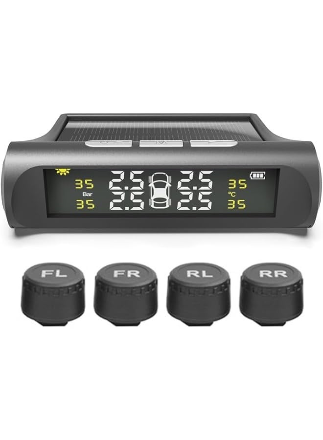 Tire Pressure Monitoring System Solar Power Wireless TPMS Monitor with 4 Sensors LCD Display Real-time Alarm Pressure Temperature (External) - Image 1