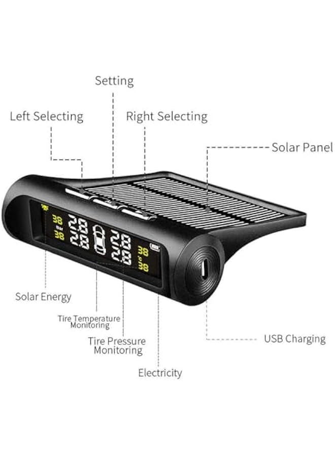 Tire Pressure Monitoring System Solar Power Wireless TPMS Monitor with 4 Sensors LCD Display Real-time Alarm Pressure Temperature (External) - Image 2