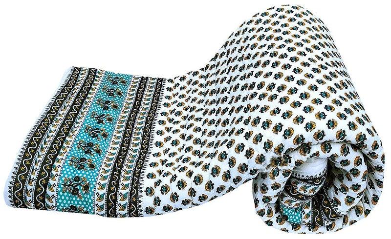 SVT Traditional Famous Rajasthani Print Jaipuri Beautiful Floral Print in White and Seagreen Jaipuri RajaiRazaiQuilt Twin SizeTwin Size Bed QuiltComforterAC QuiltAC Comforter - Image 2