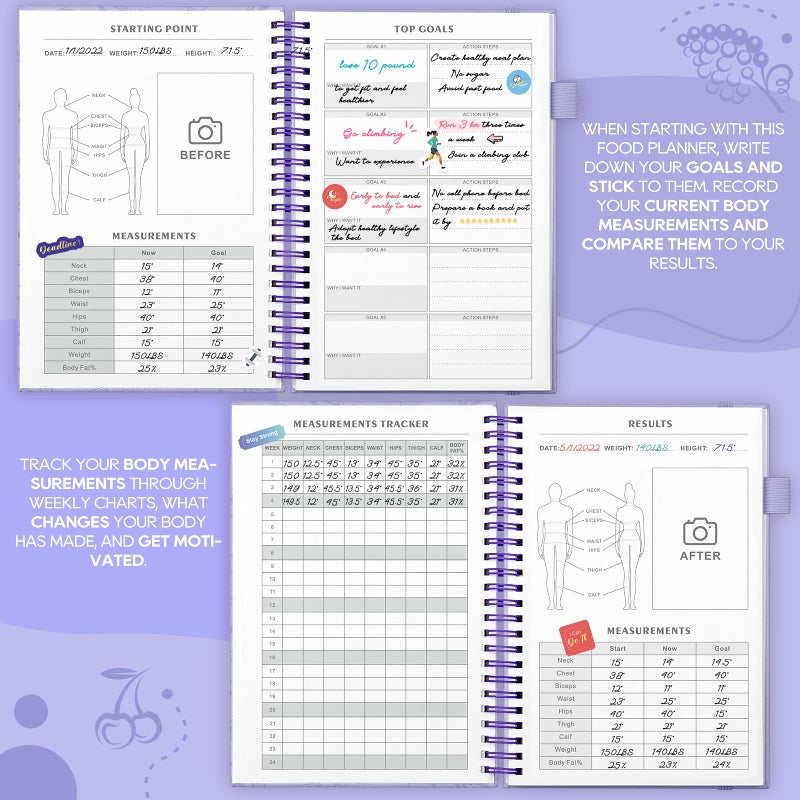 EPEWIZD Food Journal for Women Weight Loss Journal Wellness Meal Planner A5 Size Food Dairy Calories Counter Book Hardcover Workout Planner Tracking Progress Undated-Purple - Image 4