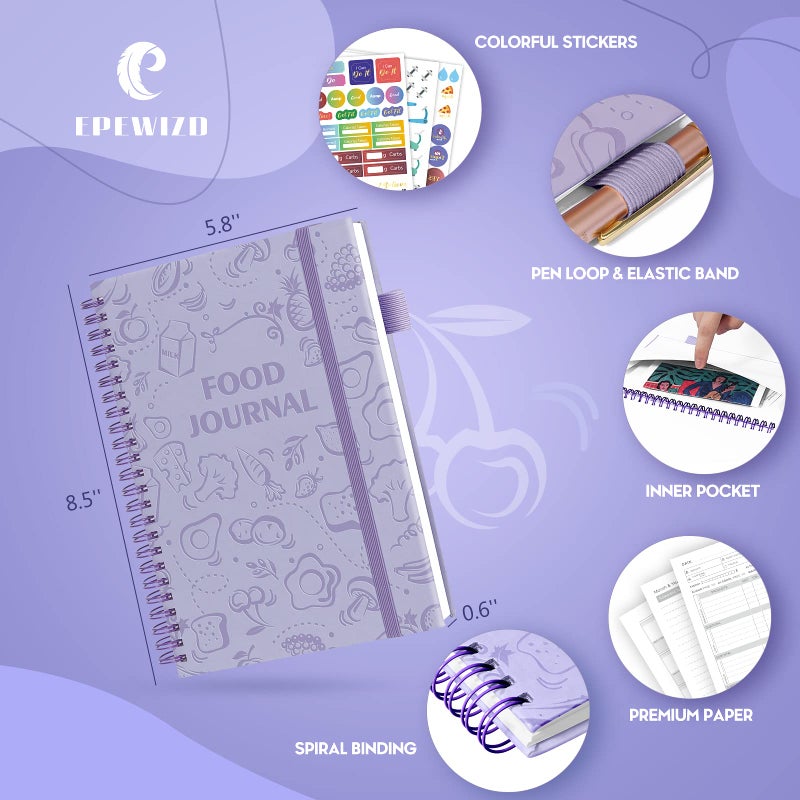 EPEWIZD Food Journal for Women Weight Loss Journal Wellness Meal Planner A5 Size Food Dairy Calories Counter Book Hardcover Workout Planner Tracking Progress Undated-Purple - Image 2