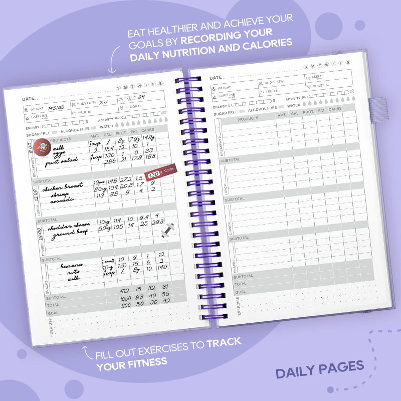 EPEWIZD Food Journal for Women Weight Loss Journal Wellness Meal Planner A5 Size Food Dairy Calories Counter Book Hardcover Workout Planner Tracking Progress Undated-Purple - Image 3