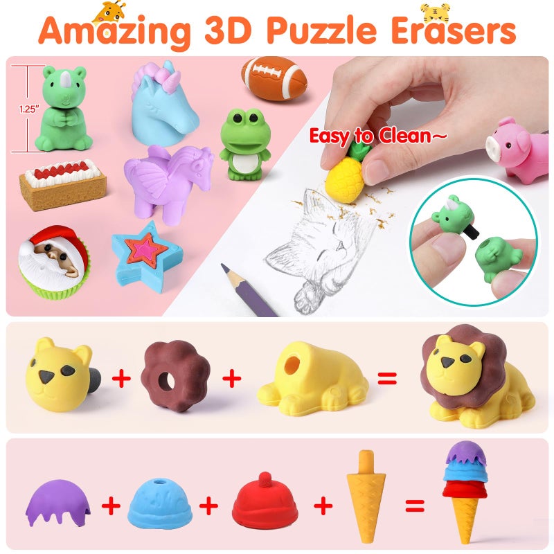 Moosia 120 Pack Animal Pencil Erasers for Kids, 3D Mini Puzzle Take Apart Erasers, Desk Pets & Treasure Box Toys, Bulk Party Favors, Classroom Prizes, School Supplies, Gift for Boys & Girls - Image 5