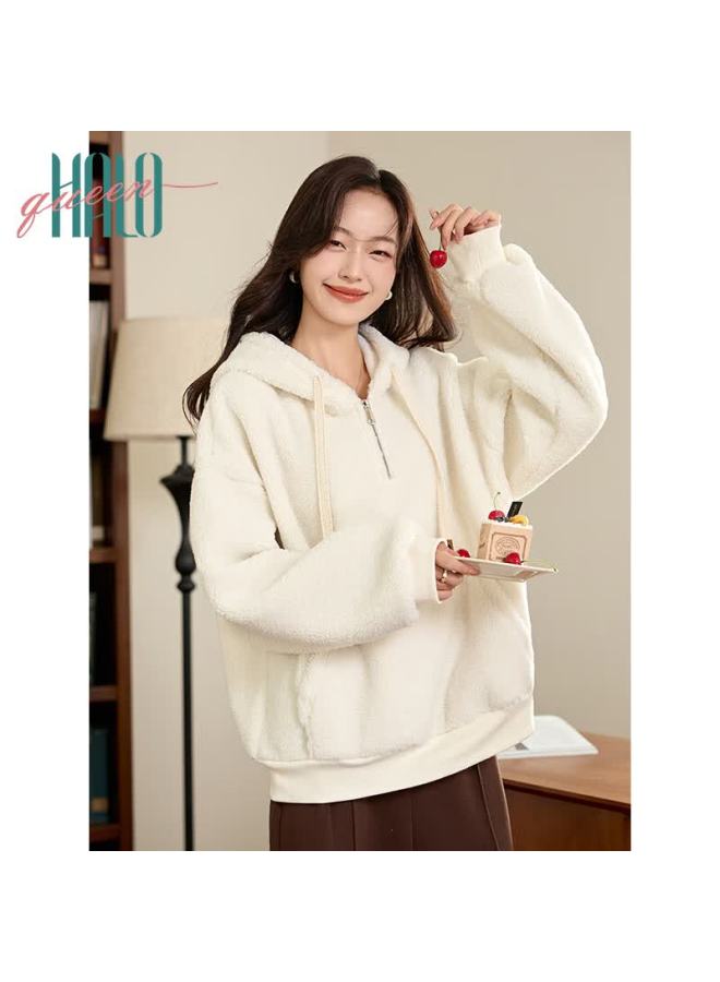 HALOQUEEN Halo Queen Fleece-lined Hoodie For Women, Warm Lambswool Half-zip Pullover Jacket, New Product H144w2007 - Image 3