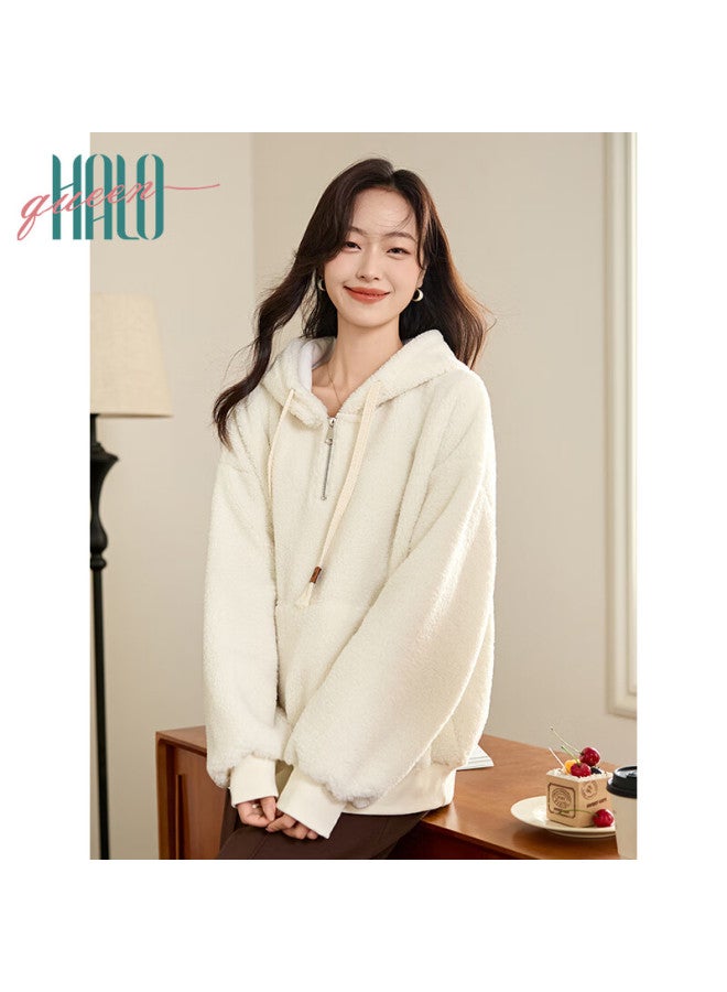 HALOQUEEN Halo Queen Fleece-lined Hoodie For Women, Warm Lambswool Half-zip Pullover Jacket, New Product H144w2007 - Image 2