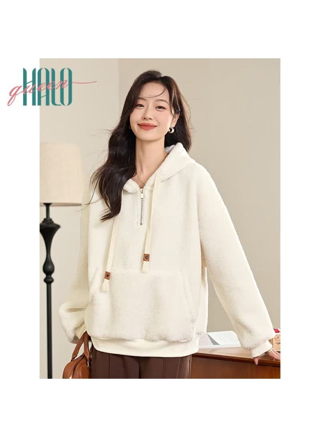 HALOQUEEN Halo Queen Fleece-lined Hoodie For Women, Warm Lambswool Half-zip Pullover Jacket, New Product H144w2007 - Image 5