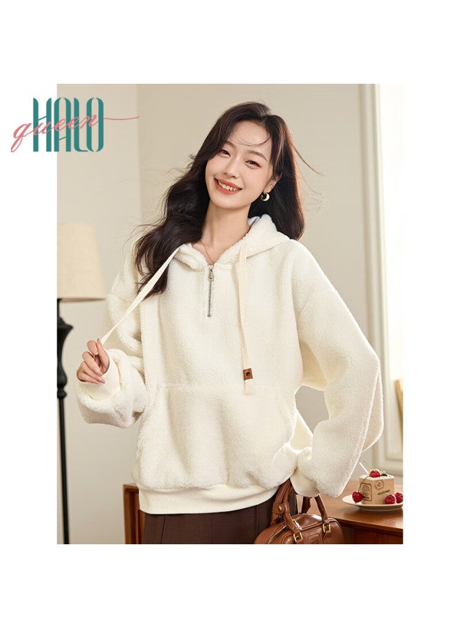 HALOQUEEN Halo Queen Fleece-lined Hoodie For Women, Warm Lambswool Half-zip Pullover Jacket, New Product H144w2007 - Image 4
