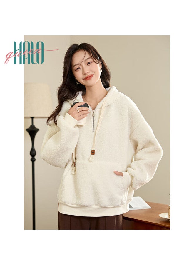 HALOQUEEN Halo Queen Fleece-lined Hoodie For Women, Warm Lambswool Half-zip Pullover Jacket, New Product H144w2007 - Image 1