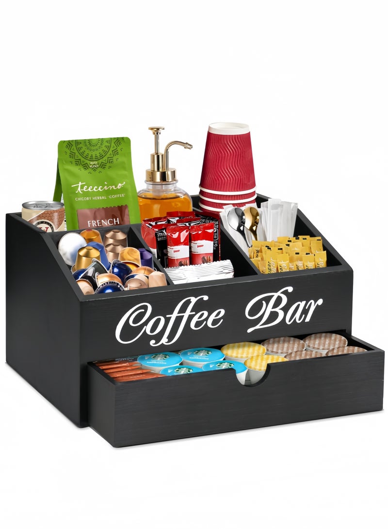 nihao Coffee Bar Organizer Countertop, Wooden Coffee Bar Accessories Organizer With Drawer, Coffee Station Organizer Coffee Pods Holder Storage Basket, Farmhouse Coffee and Tea Condiment Organizer Station  - Image 1