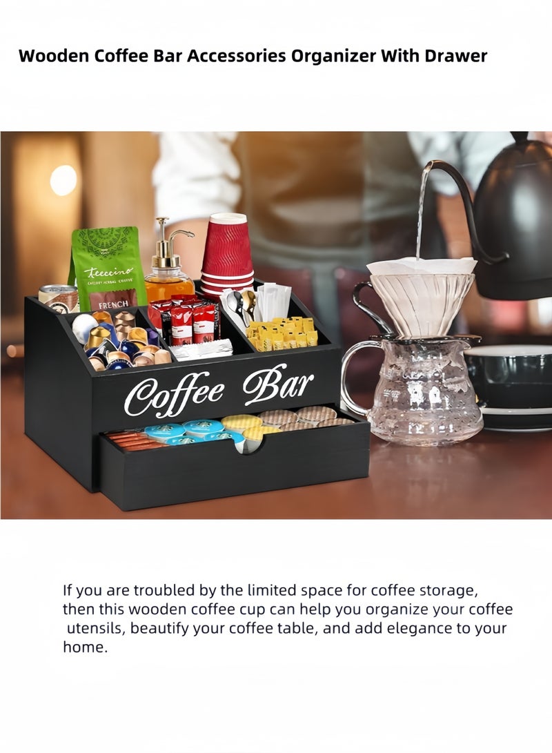 nihao Coffee Bar Organizer Countertop, Wooden Coffee Bar Accessories Organizer With Drawer, Coffee Station Organizer Coffee Pods Holder Storage Basket, Farmhouse Coffee and Tea Condiment Organizer Station  - Image 3