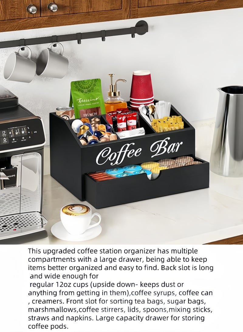nihao Coffee Bar Organizer Countertop, Wooden Coffee Bar Accessories Organizer With Drawer, Coffee Station Organizer Coffee Pods Holder Storage Basket, Farmhouse Coffee and Tea Condiment Organizer Station  - Image 5