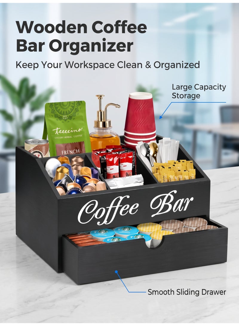nihao Coffee Bar Organizer Countertop, Wooden Coffee Bar Accessories Organizer With Drawer, Coffee Station Organizer Coffee Pods Holder Storage Basket, Farmhouse Coffee and Tea Condiment Organizer Station - Image 1