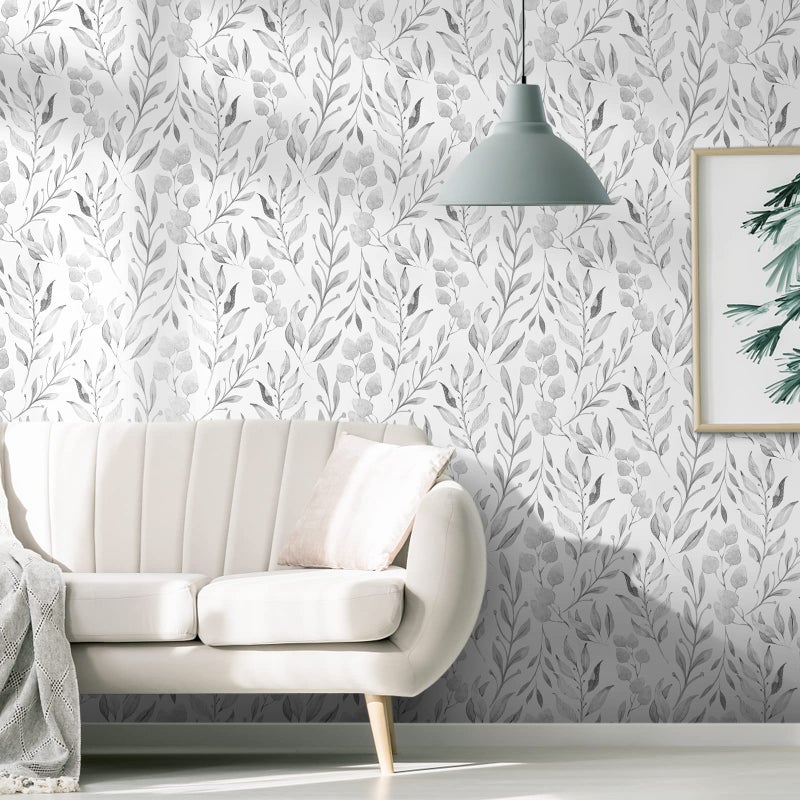WENMER Gray Leaf Wallpaper Floral Peel and Stick Wallpaper 17.7" x 118" Self Adhesive Watercolor Leaves Wall Paper Removable Floral Contact Paper for Cabinets Wall Decor - Image 2