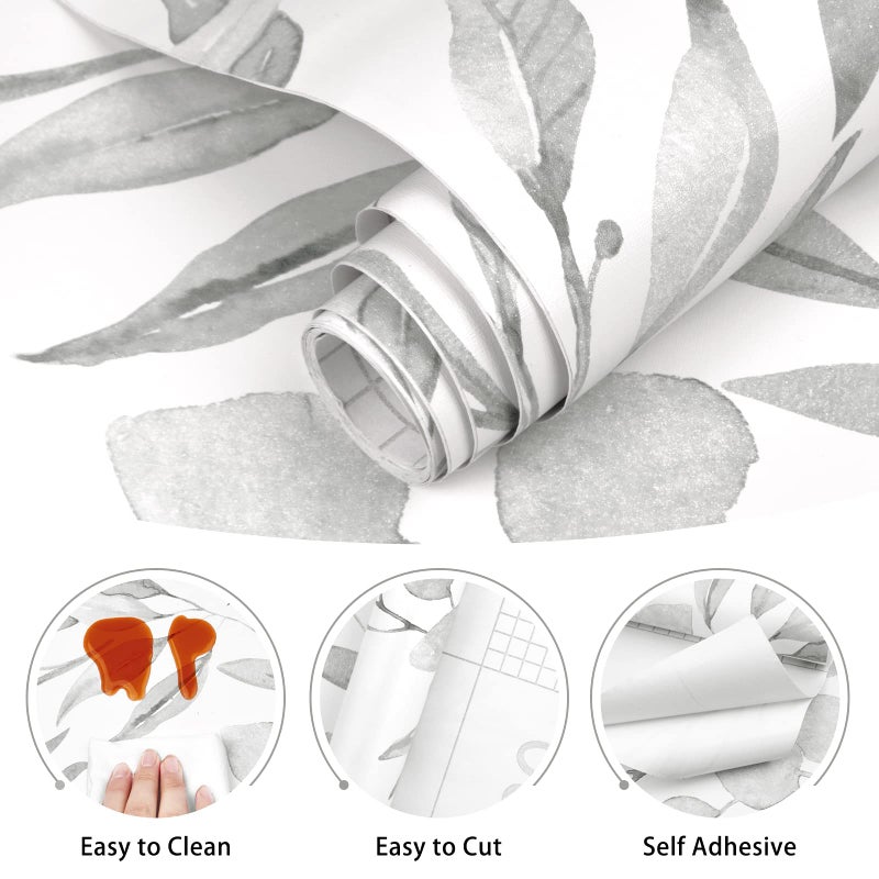 WENMER Gray Leaf Wallpaper Floral Peel and Stick Wallpaper 17.7" x 118" Self Adhesive Watercolor Leaves Wall Paper Removable Floral Contact Paper for Cabinets Wall Decor - Image 4