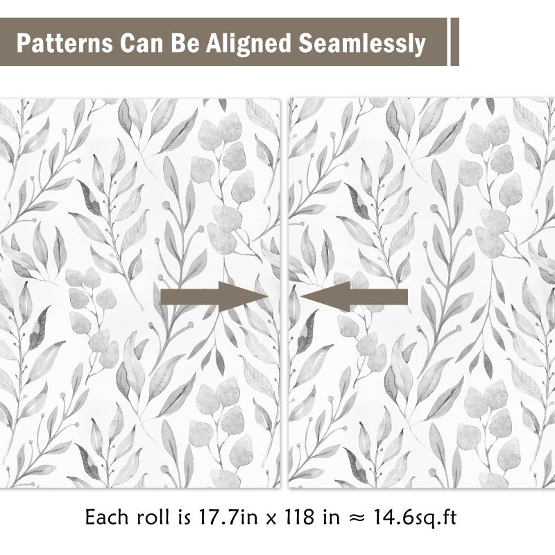 WENMER Gray Leaf Wallpaper Floral Peel and Stick Wallpaper 17.7" x 118" Self Adhesive Watercolor Leaves Wall Paper Removable Floral Contact Paper for Cabinets Wall Decor - Image 5