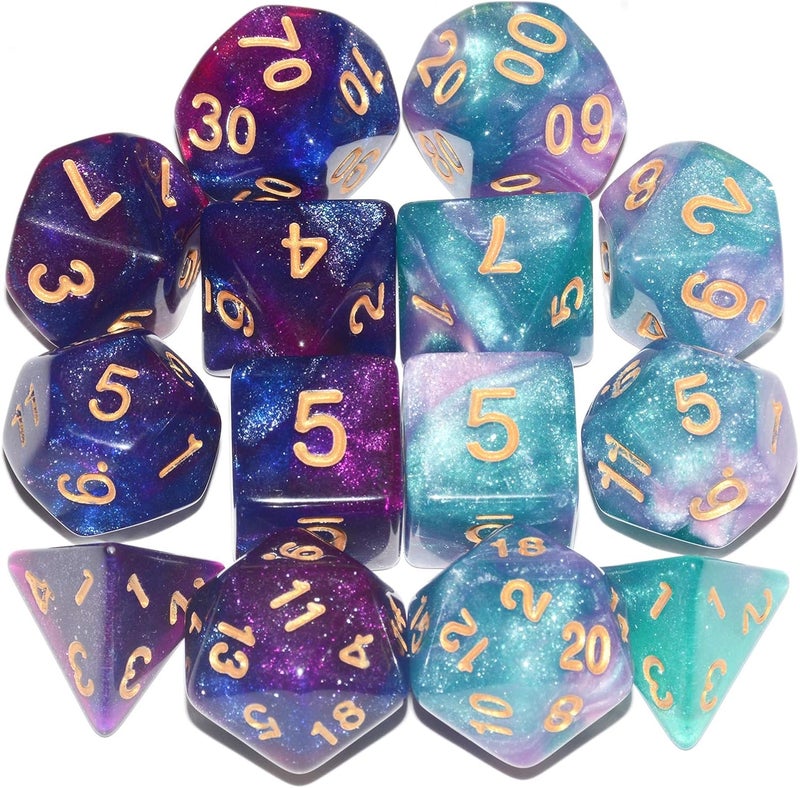 Anduin Wind DND Dice 2 X 7Sets, 14Pieces Glitter Sparkle Cosmic Mixed Polyhedral DND Dice for RPG MTG Table Game Dice - Image 1