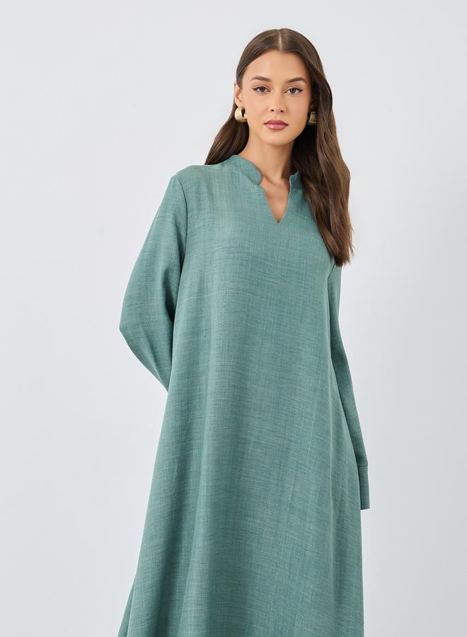Styli Women Green Linen Look Collared Jalabiya - Image 3
