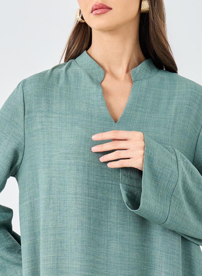 Styli Women Green Linen Look Collared Jalabiya - Image 4