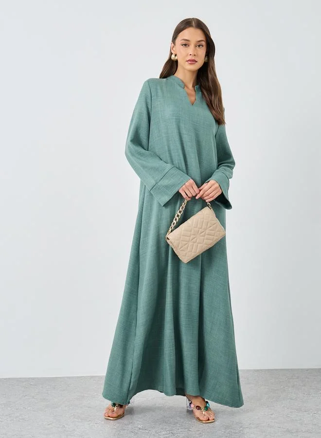 Styli Styli Women Green Linen Look Collared Jalabiya