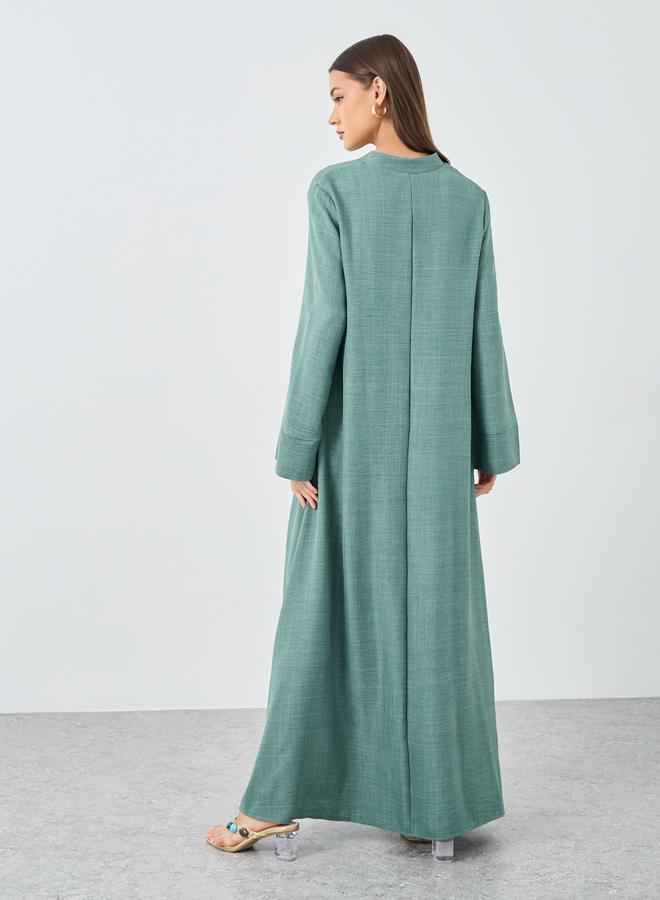 Styli Women Green Linen Look Collared Jalabiya - Image 5