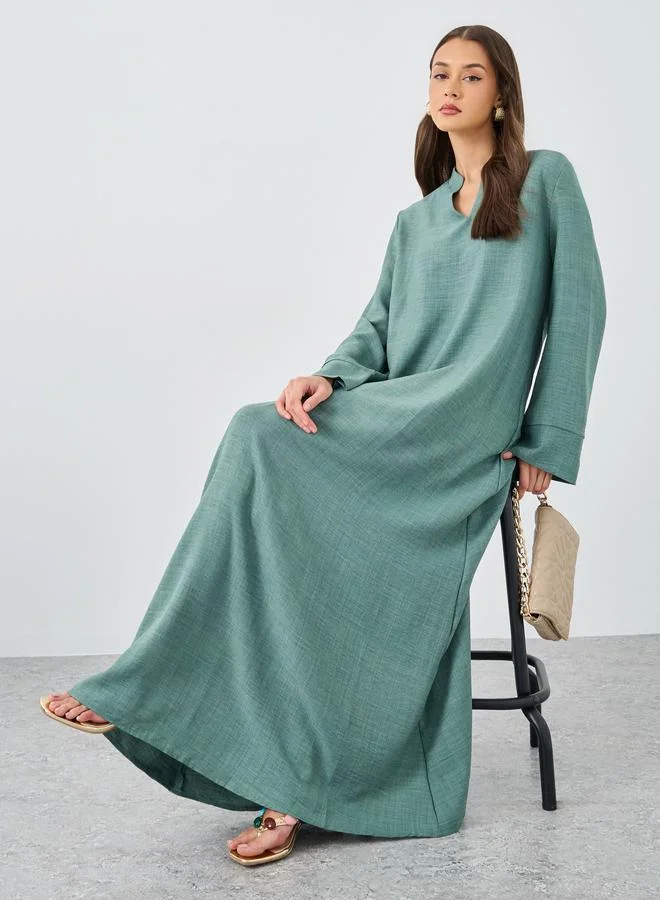 Styli Styli Women Green Linen Look Collared Jalabiya