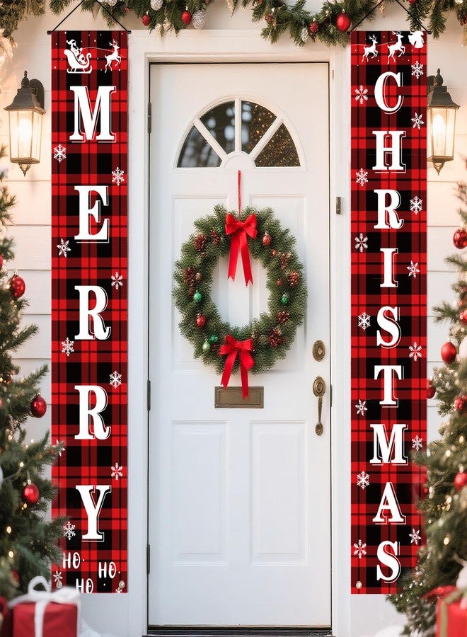 LOKIPA Christmas Decorations, Red Black Buffalo Plaid Christmas Banners Front Porch Sign Set Hanging Xmas Decorations for Home Xmas Decor Outdoor Indoor Front Door Yard Garage - Image 1