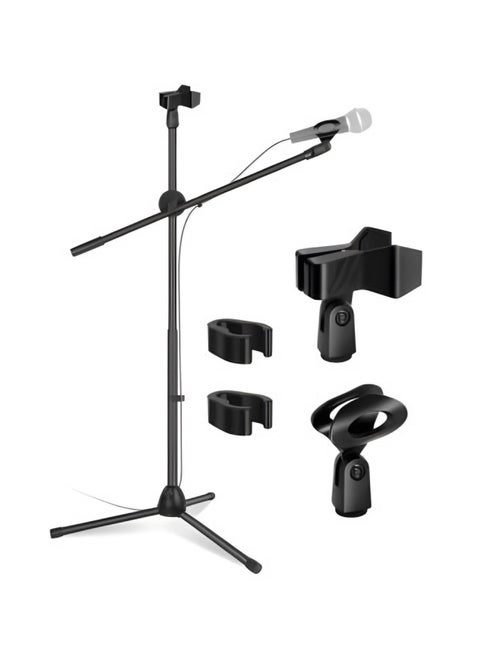 Adjustable Dual Microphone Stand Tripod Mic Stand Holder with Boom Arm & 2x Mic Clips