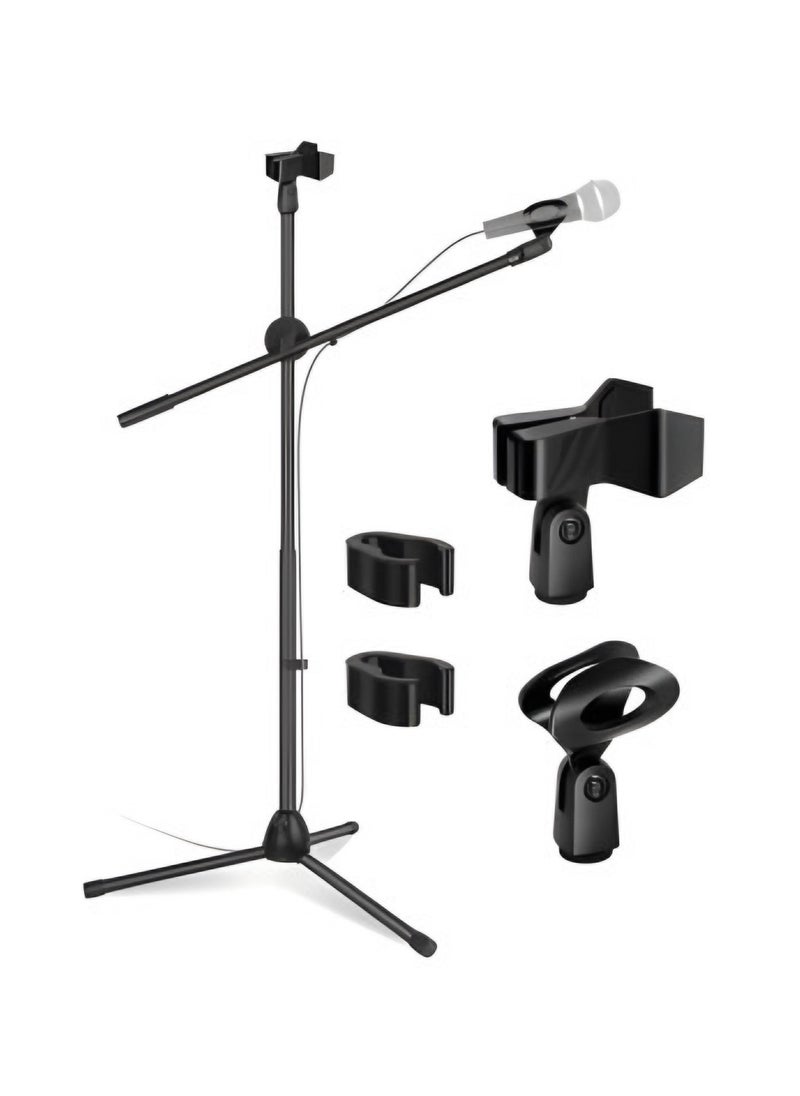 Adjustable Dual Microphone Stand Tripod Mic Stand Holder with Boom Arm & 2x Mic Clips