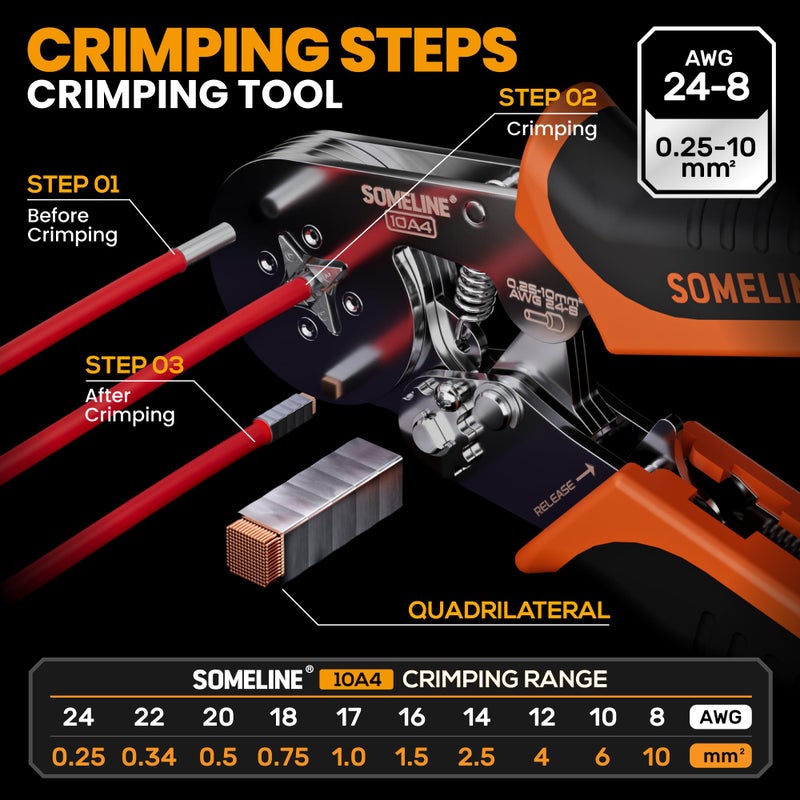 SOMELINE Non-Insulated Ferrule Crimping Tool Kit,Self-Adjusting Crimping Pliers for wire ferrules AWG 24-8,with 9 Sizes Non-Insulated Wire Ferrules,Square Crimping Pliers Crimp Connector Kit - Image 2