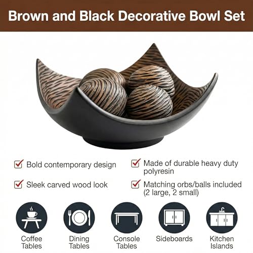 Seraphic 5pc Large Decorative Scoop Bowl Set with Stylish Orbs/Balls – Elegant Centerpiece for Dining/Kitchen Table, Living Room, or Office Decor, 14" diagonal. 11" wide and 5.75" tall, Brown - Image 2