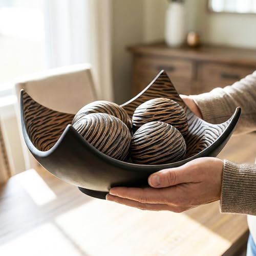 Seraphic 5pc Large Decorative Scoop Bowl Set with Stylish Orbs/Balls – Elegant Centerpiece for Dining/Kitchen Table, Living Room, or Office Decor, 14" diagonal. 11" wide and 5.75" tall, Brown - Image 5