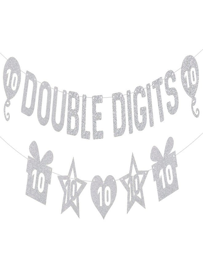 SVM CRAFT® Double Digits 10th Birthday Banner -silver- Happy 10th Birthday Decorations - Image 1